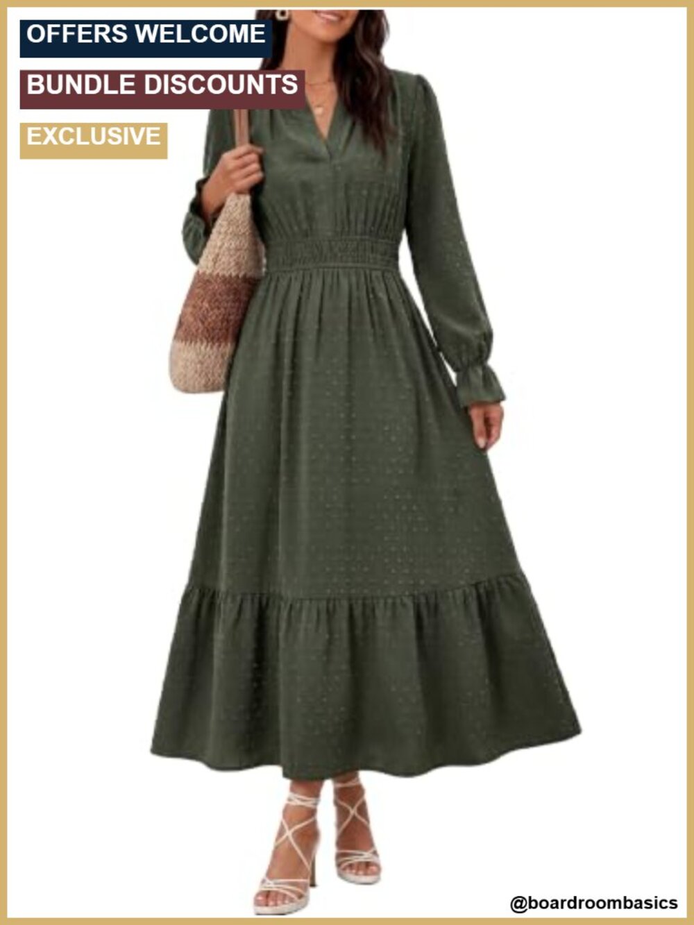 Women's Swiss Dot Maxi Dress Long Sleeve V Neck Smocked Waist A-Line